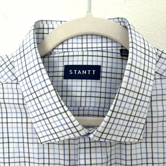 Stantt NEW Performance Tech Stretch Shirt Blue Black Tattersall Size 17.5 34/35 - Picture 2 of 13